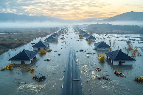 Post-hurricane flooding inundates residential areas and transportation infrastructure, with low-lying terrain overwhelmed by storm surge and excessive rainfall.