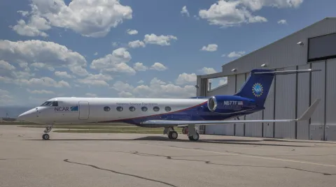 The NSF/NCAR Gulfstream V aircraft outside its hangar in Broomfield, Colorado. The research aircraft is being deployed to Korea as part of the ACCLIP campaign. (Photo: NASA/NCAR)