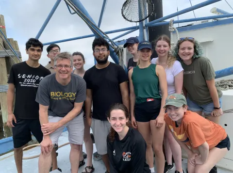 School of Biological Sciences Associate Professor Brian Hammer (2nd from left), teaching assistant Ahn Pham (3rd from left) and nine 2022 Aquatic Chemical Ecology (ACE) REU students on a trawl along the Georgia coast.